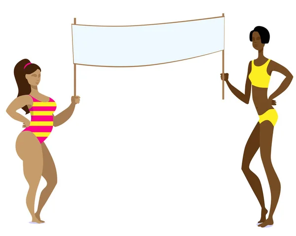 Deux filles en maillots de bain de différentes nationalités et types de figures tenant une bannière . — Image vectorielle