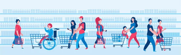 Set di persone con carrelli shopping al supermercato. — Vettoriale Stock