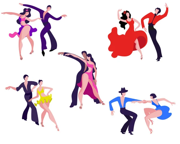 A set of images of dancing couples on the Latin American dance program. — Stock Vector