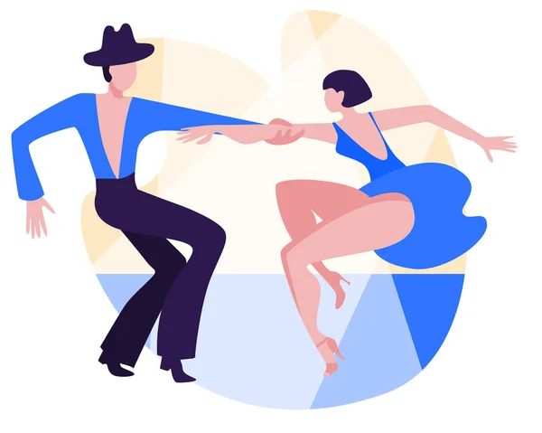 Slender couple dancing Latin swing dance. The girl in the blue short dress. A man in black pants and a shirt. — Stock Vector