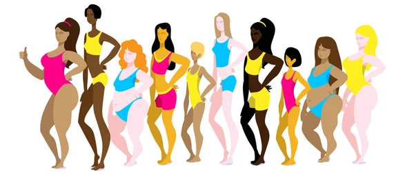 Zehn Mädchen in Badeanzügen unterschiedlicher Nationalitäten und Figurentypen. — Stockvektor