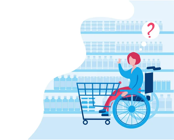 Una donna disabile compra cibo in un supermercato. Donna in sedia a rotelle con un carrello del supermercato . — Vettoriale Stock