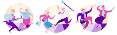 Set of illustrations. Happy dancing elderly couples. clipart