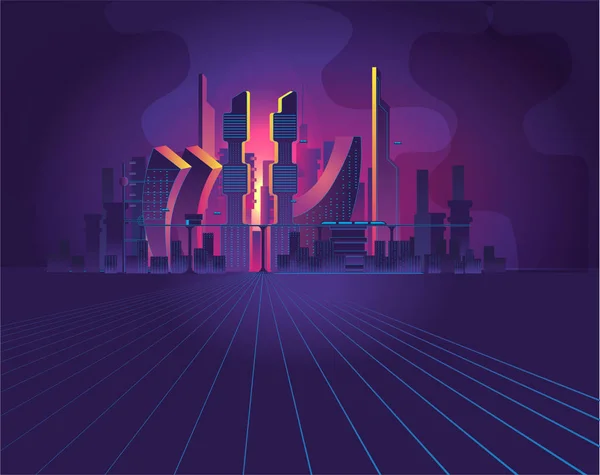 Φανταστική πόλη στο στυλ του cyberpunk. Νυχτερινή πόλη του μέλλοντος. — Διανυσματικό Αρχείο