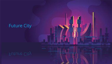 Siber punk tarzında fantastik bir şehir. Nehrin kıyısında Geleceğin Gece Şehri.