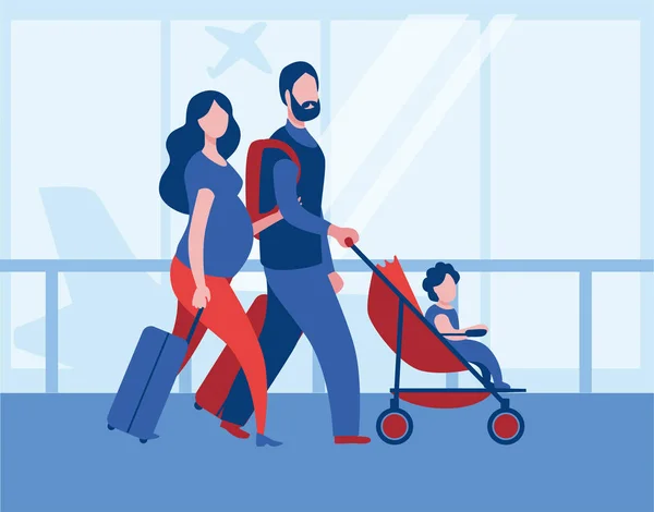 Family with child and pregnant woman with suitcases at the airport. — Stock Vector