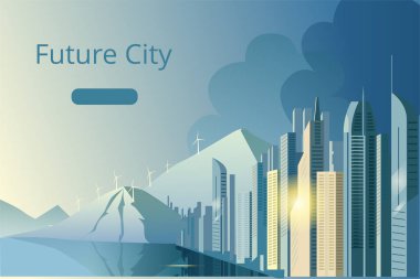 Geleceğin gökdelenleri şafakta. Dağların arka planında rüzgar jeneratörlü şehir.