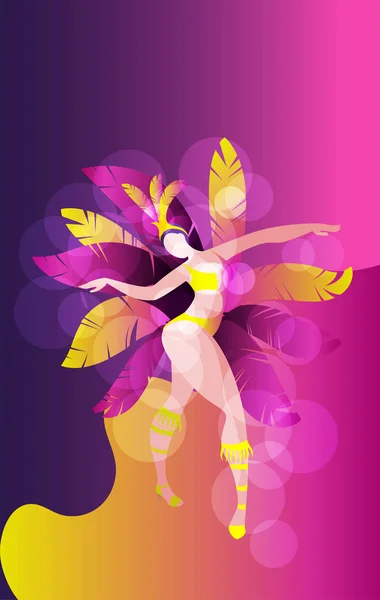 Bonne fille dansant la samba. Belle femme brésilienne en costume de fête avec des plumes . — Image vectorielle