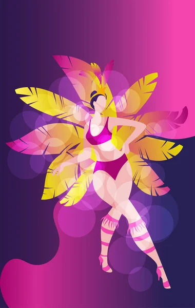 Bonne fille dansant la samba. Belle femme brésilienne en costume de fête avec des plumes . — Image vectorielle