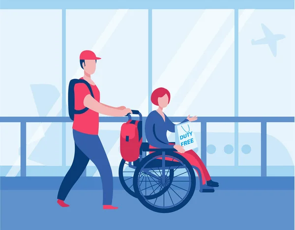 A man and a woman in a wheelchair are boarding a plane. — Stock Vector