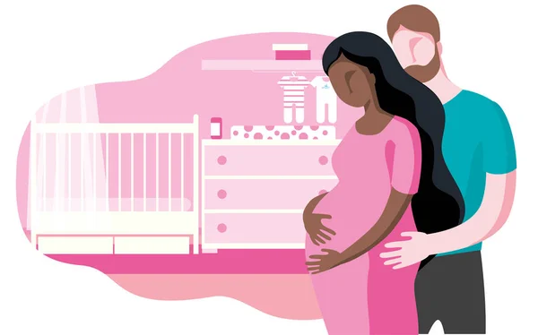 Een zwanger interraciaal koppel verwacht een baby. Illustratie op de achtergrond van de kinderkamer. — Stockvector