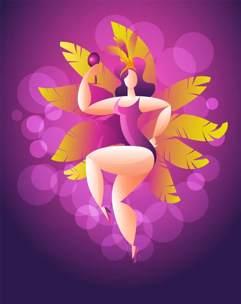 Šťastná dívka tančící sambu. Krásná Brazilka ve slavnostním kostýmu s peřím. — Stockový vektor