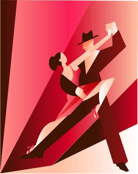 Mooi stel dansende tango. Een vrouw in een rode jurk en een man in een zwart pak en hoed. — Stockvector