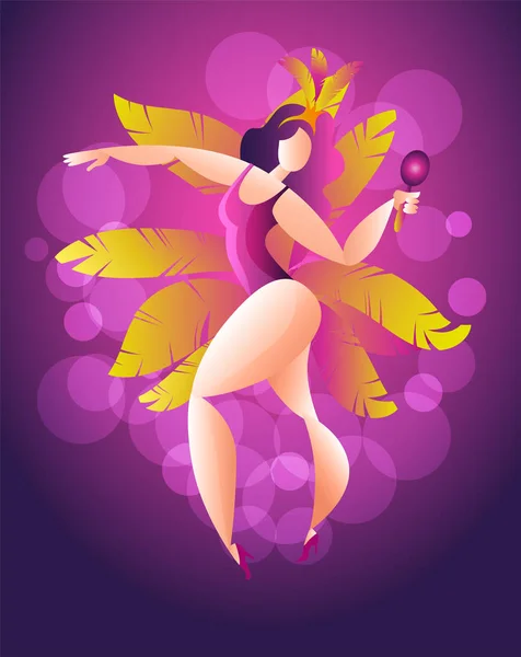 Happy girl dancing samba. Beautiful Brazilian woman in festive costume with feathers. — 스톡 벡터