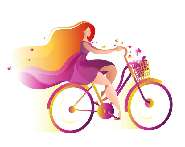 Una hermosa chica en un vestido monta una bicicleta con una cesta de flores . — Archivo Imágenes Vectoriales