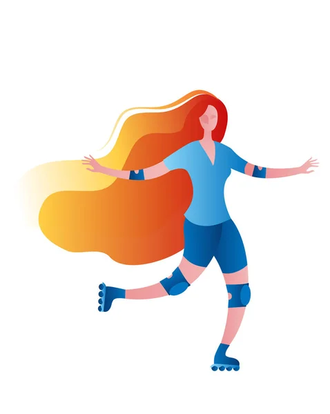 En smal tjej med rött hår, i blå shorts och en t-shirt, åker skridskor på rullskridskor. — Stock vektor