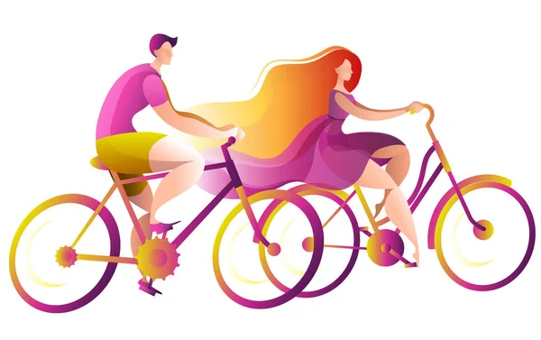 一个女孩和一个年轻人骑自行车. — 图库矢量图片