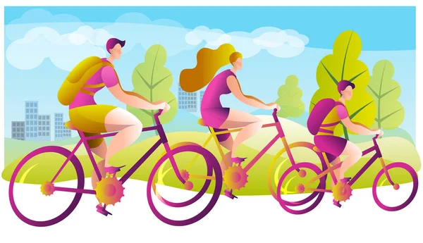 Una familia de ciclistas en un paseo. Mamá, papá e hijo montan en bicicleta . — Archivo Imágenes Vectoriales
