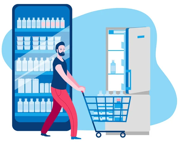 Un uomo con un carrello ha comprato cibo in un negozio online e va in frigorifero. . — Vettoriale Stock