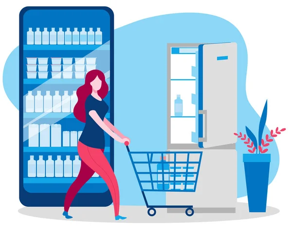 Una donna con un carrello ha comprato cibo in un negozio online e va in frigorifero. . — Vettoriale Stock