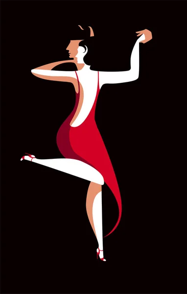Beautiful couple dancing tango. A woman in a red dress and a man in a black suit and hat. — Stock Vector
