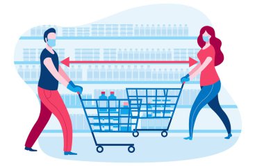 Süpermarketteki insanlar salgın sırasında alışveriş yapıyorlar. Tıbbi maskeli ve eldivenli insanlar..