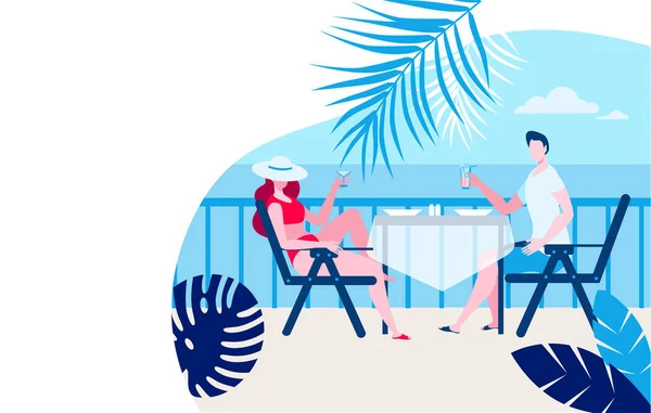 Una ragazza e un ragazzo sono seduti a un tavolo in un caffè sulla spiaggia. Illustrazione sul tema delle vacanze estive . — Vettoriale Stock