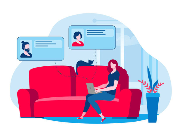 Девушка работает дома и проводит встречу онлайн
.