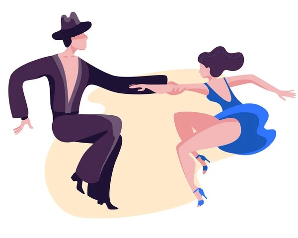 Стройная пара танцует латинский свинг. Девушка в синем коротком платье. Мужчина в черных штанах и рубашке . — стоковый вектор
