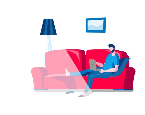 A man with a laptop is lying on the sofa. — Stock Vector