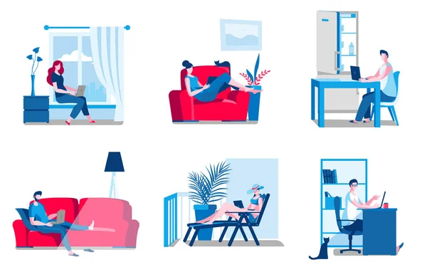 Un conjunto de ilustraciones con personas que trabajan desde casa en varios interiores . — Vector de stock