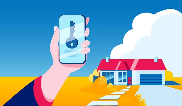 Hand with a smartphone that shows the key. Autumn landscape with a house. — Stock Illustration Hand with a smartphone that shows the key. Autumn landscape with a house. Vector Graphics