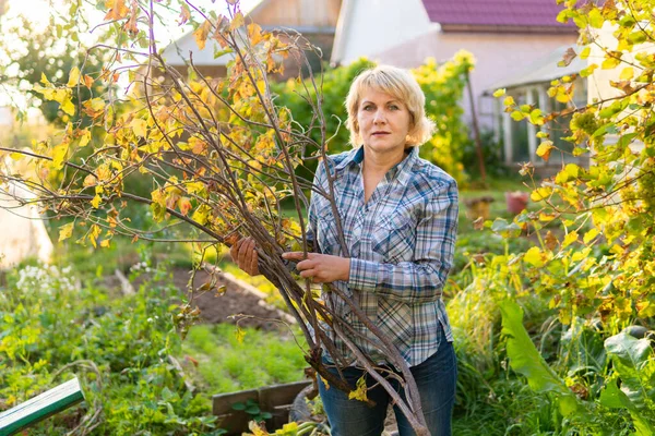 Wanita yang bekerja di kebun di tempat tidur sayuran — Stok Foto