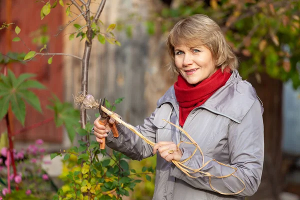 Frau im Garten erntet Gemüse, Obst im Hintergrund des Hauses und Bäume. — Stockfoto