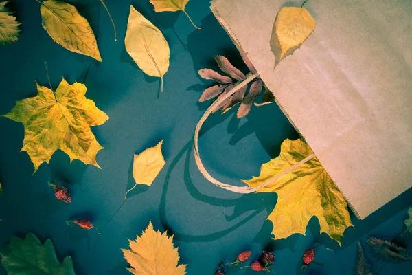 Paper bag and autumn leaves on dark paper background
