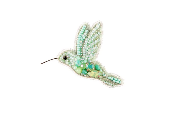 Kolibri Vogel Brosche Handgemacht Perlen Auf Dem Tisch Auf Weißem — Stockfoto