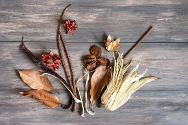 Ahşap arka planda kurumuş renkli çiçekler. Romantik çiçekler. Metin ve tasarım için yer. Tebrik kartı. Düz yatış, üst görünüm.