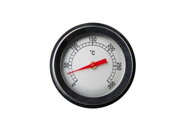 Beyaz arka planda analog ölçüm cihazları. Sayılı kırmızı oklu termometre. İzole edilmiş. İzole edilmiş.
