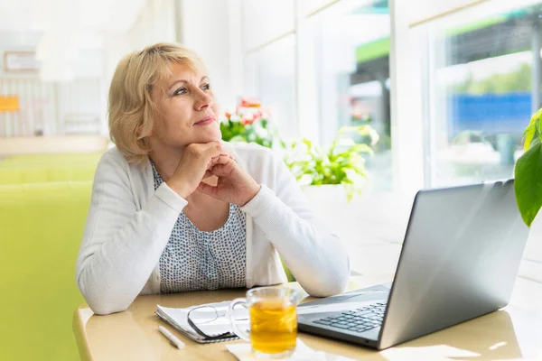 Bir kafede dizüstü bilgisayarda çalışıyor. Orta yaşlı bir kadın çay içer ve haberleri izler. Ofiste duruyor..