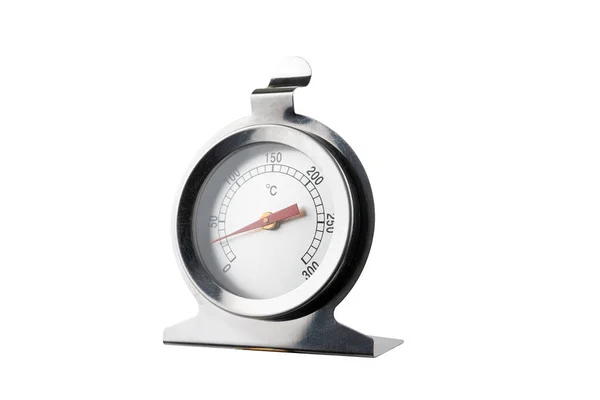 Αναλογικός Μετρητής Μέτρησης Λευκό Φόντο Θερμόμετρο Κόκκινο Βέλος Αριθμούς Απομονωμένοι — Φωτογραφία Αρχείου