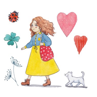 Küçük bir kız ve bir kediyle suluboya set