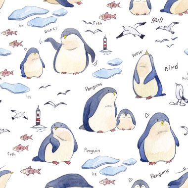 watercolor pattern with penguins, gulls and fish