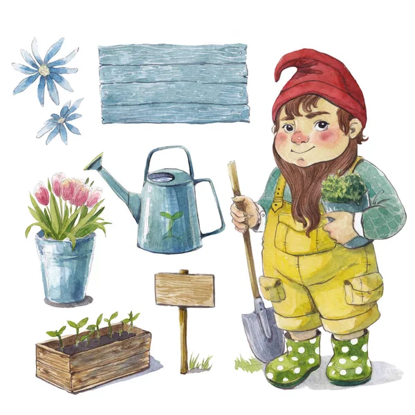 Mignon petit jardinier nain et ses outils Image En Vente