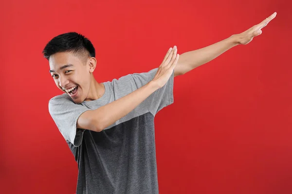 Young Asian Teenager Doing Winning Gesture Happy Get Special Gift — Stock Photo, Image