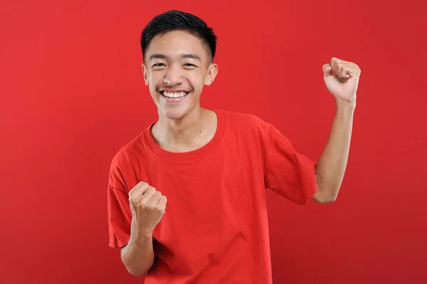 Young Asian Teenager Doing Winning Gesture Happy Get Special Gift — Stock Photo, Image