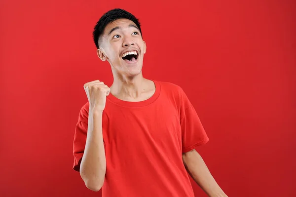 Joven Asiática Adolescente Haciendo Gesto Ganar Feliz Obtener Regalo Especial —  Fotos de Stock