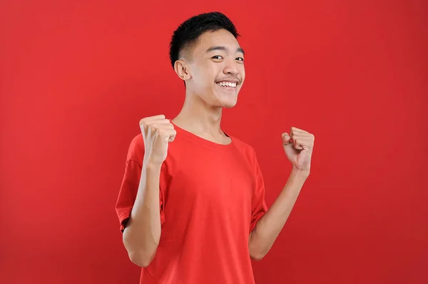 Young Asian Teenager Doing Winning Gesture Happy Get Special Gift — Stock Photo, Image