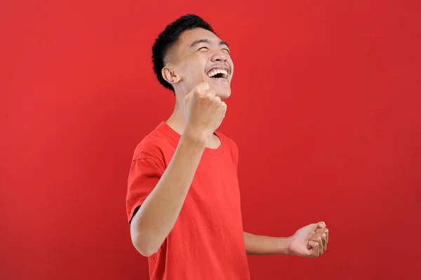 Joven Asiática Adolescente Haciendo Gesto Ganar Feliz Obtener Regalo Especial —  Fotos de Stock