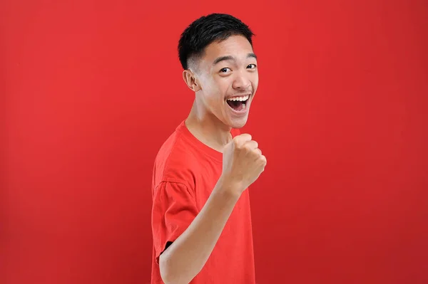 Young Asian Teenager Doing Winning Gesture Happy Get Special Gift — Stock Photo, Image