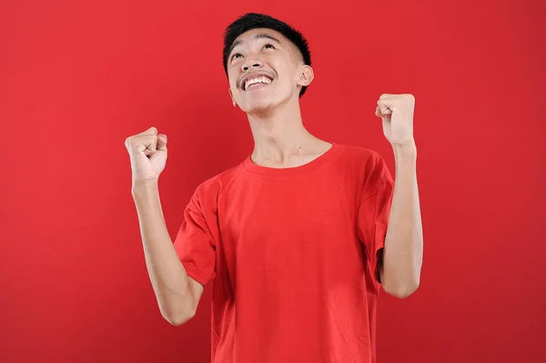 Young Asian Teenager Doing Winning Gesture Happy Get Special Gift — Stock Photo, Image